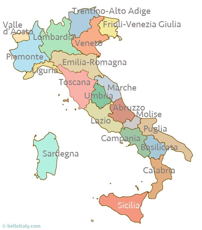 Italijos žemėlapis Itališkais regionų pavadinimais